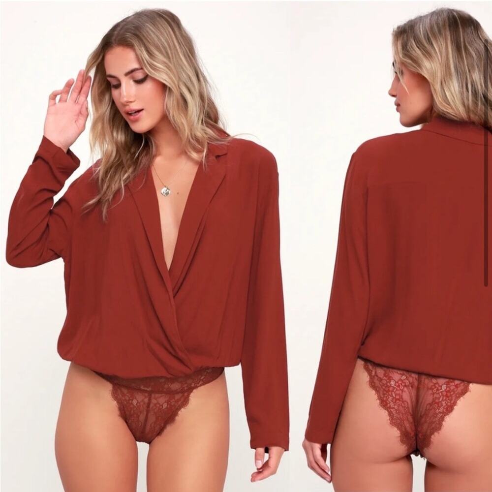 Intimately Free People Elsa rust red plunge wrap lace bottom bodysuit size Large